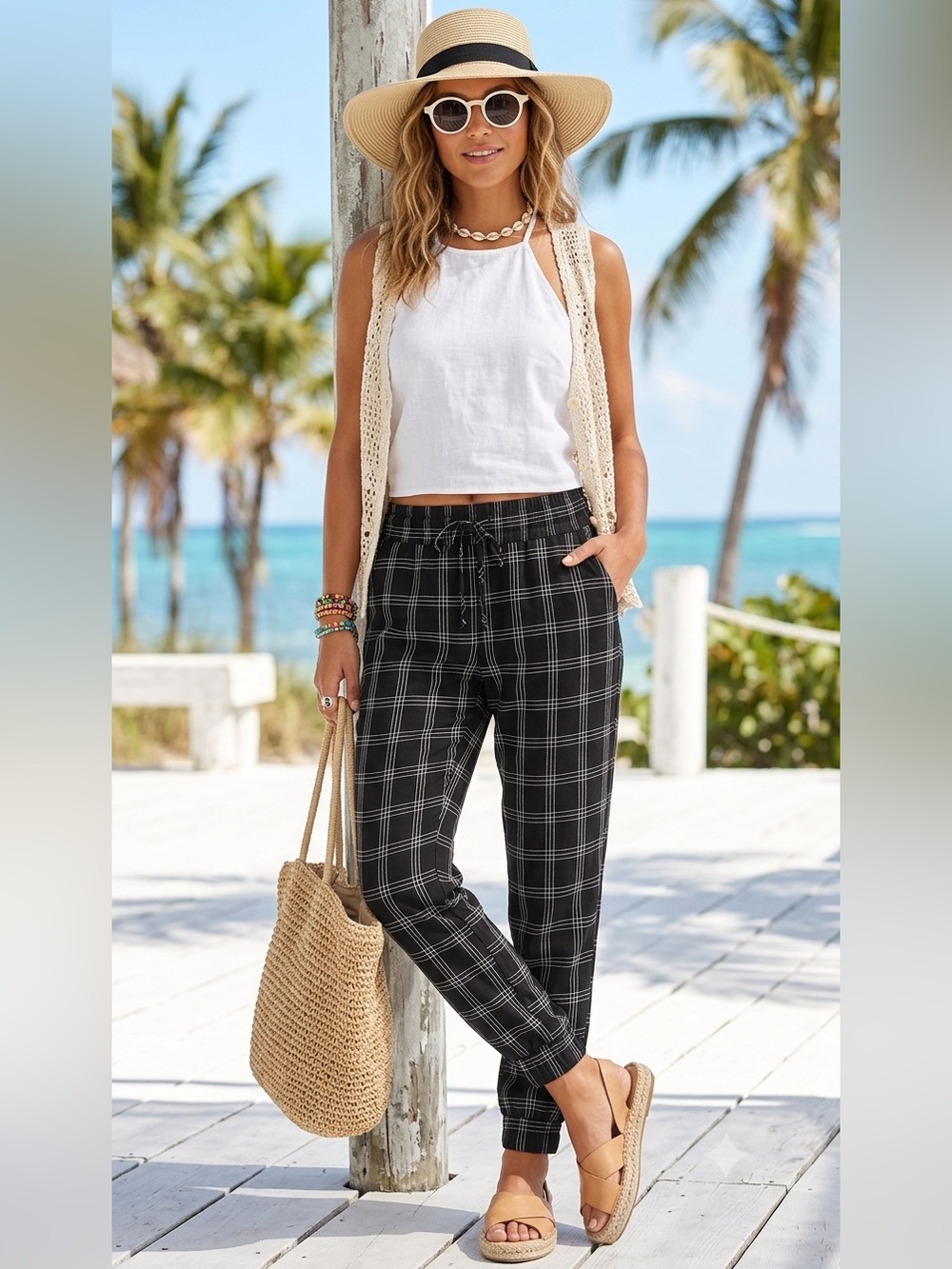 Revamped Black Plaid Drawstring Joggers Size S
